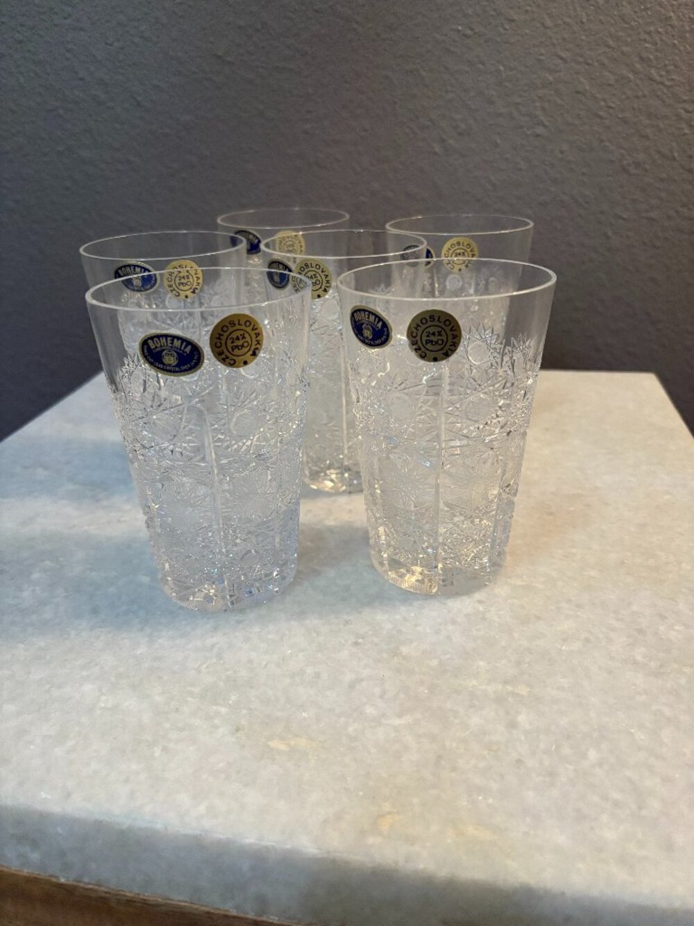 Vintage Bohemia Crystal Water Glasses Set of 6 Hand Cut 24% Lead Crystal NOS